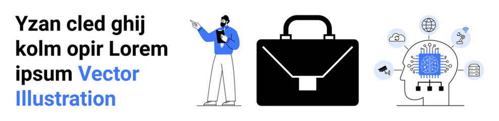 Man presenting with clipboard, briefcase in center, and AI brain with icons. Ideal for business, technology, presentations, education, career growth, innovation simple landing page