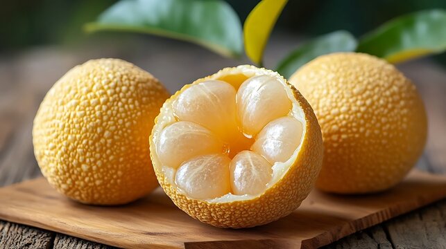 Juicy langsat fruits with smooth yellowish skin and translucent segmented flesh 