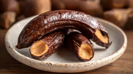 Fresh tamarind pods cracked open to reveal dark brown sticky pulp 