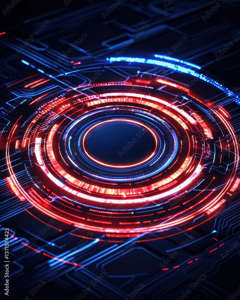 Poster red and blue circles integrated into circuit board design representing complex electronic systems