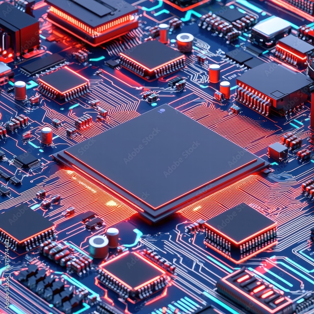 Poster circuit board featuring illuminated red light indicating power status and electrical activity