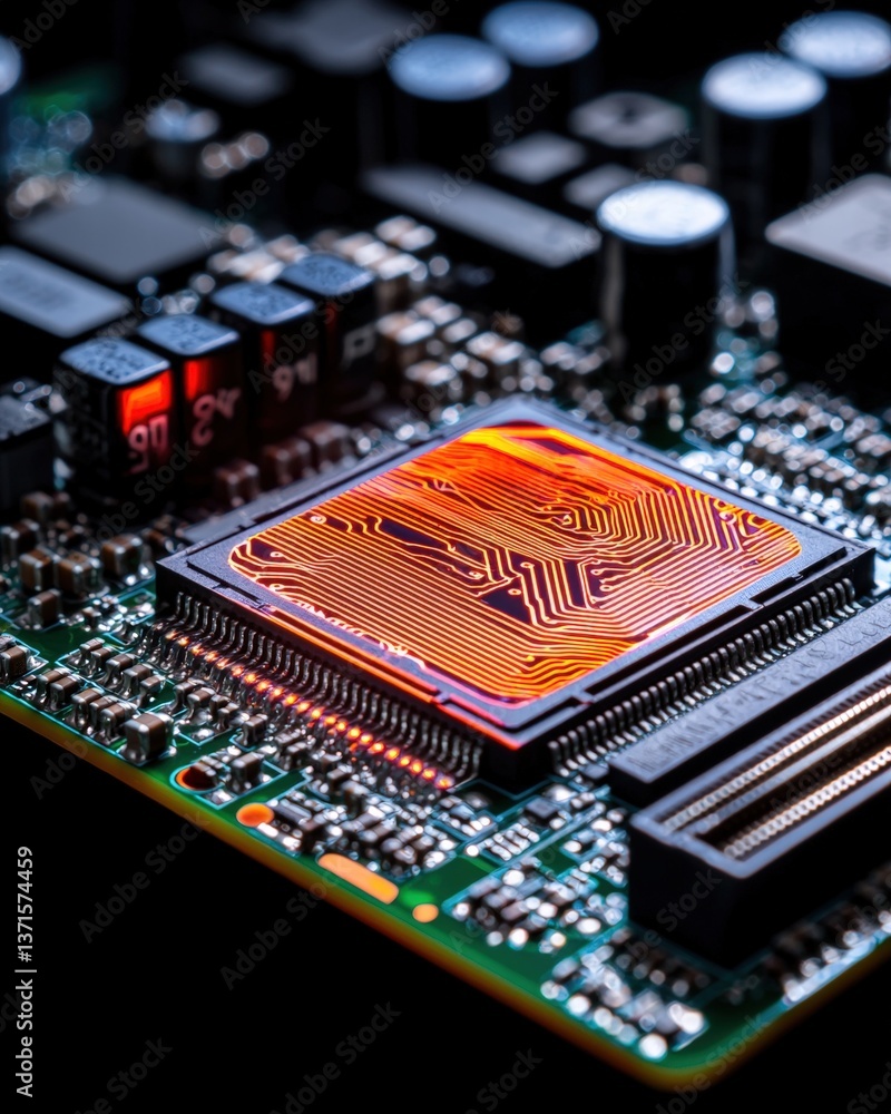 Poster high-resolution image of a computer chip with intricate design patterns and micro circuits