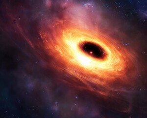 Obraz premium A glowing black hole surrounded by bright, swirling gases and cosmic particles in space, illustrating an artistic concept of a black hole's accretion disk