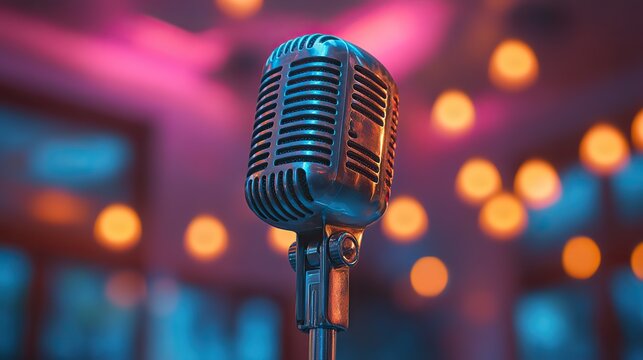 A vintage microphone stands on a gradient blue and pink background, evoking singing, recording studios, and open mic performances.