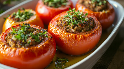 Large Ripe Stuffed Tomatoes with Herbs and Filling in a Baking Dish Ready to Serve