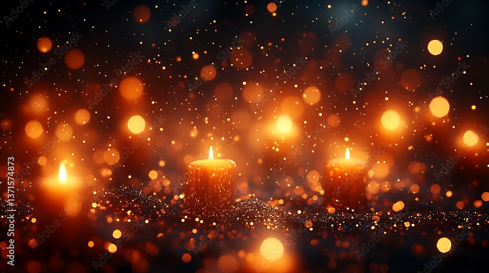 Poster glowing flickering light: warm candlelight with sparkling bokeh background for serene ambience and a