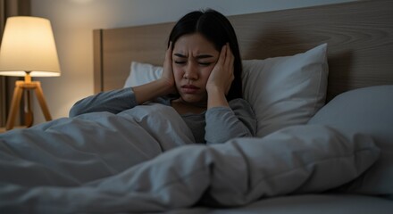 Fototapeta premium A young Asian woman in a dimly lit bedroom, visibly distressed and covering her ears while lying under blankets, represents a struggle with anxiety and sleeplessness.