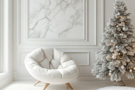 Cozy white interior with a flocked christmas tree and chair