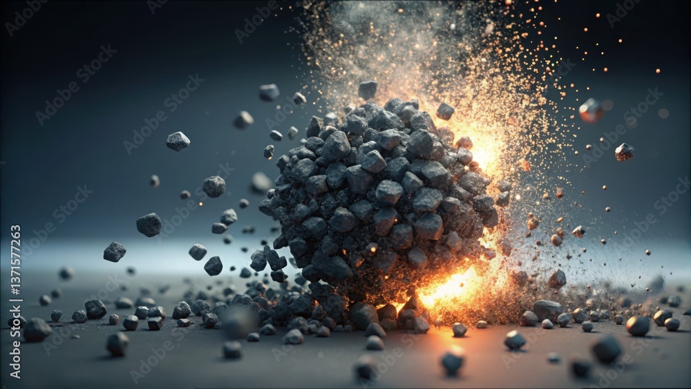 Poster glowing particles exploding from breaking clean stone mass