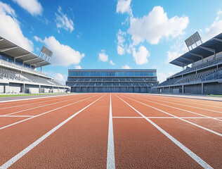 A vibrant outdoor track and field stadium with stands under a bright blue sky