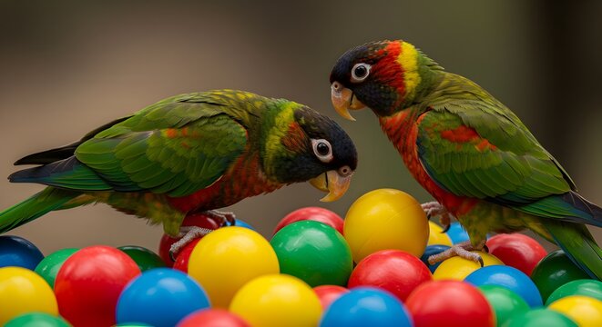 Two colorful black-headed caique parrots perch atop vibrant plastic balls