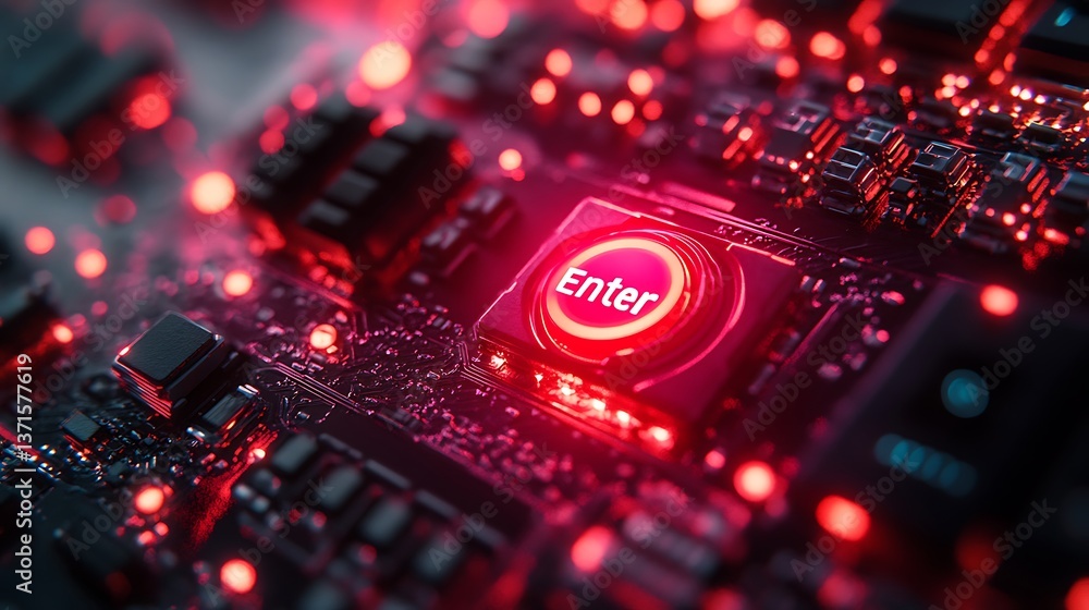 Poster illuminated circuit board with enter button: a futuristic technology concept for connection, data, a