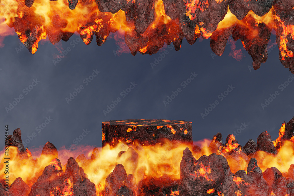 Poster abstact 3d render platform backgrond, stone lava podium on the lava and magma and rocks smelt in the