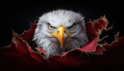 Bald eagle emerges powerfully, with feathers tearing through dark background, intense gaze and sharp beak.