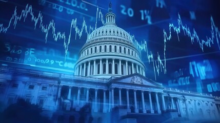 The U.S. Capitol building prominently featured against a dynamic stock market chart backdrop in a vibrant blue color theme, rendered in ultra-high-definition with hyper-realistic details. This concept