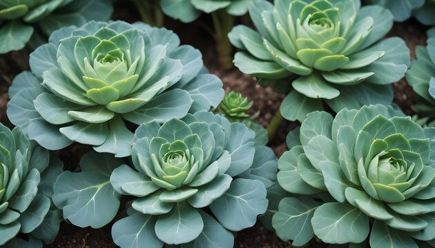 succulent plants in outdoor arrangement. close-up view of rosette succulents. vibrant green and blue succulent foliage.
