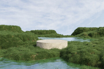 Abstract 3d render platform and mockup natural background, Stone podium on the grass field backdrop meadow, mountain and lake for product stand display, advertising or etc