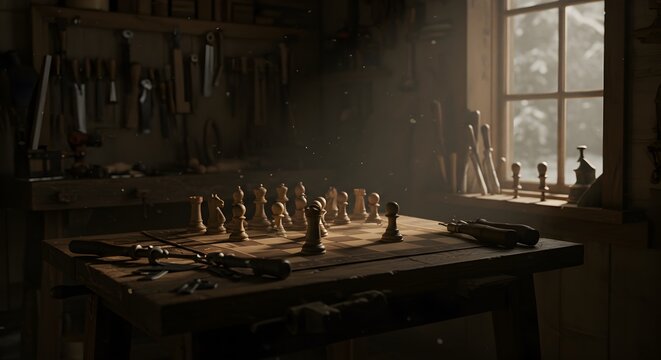 Chess game on a wooden table surrounded by old tools in a workshop setting