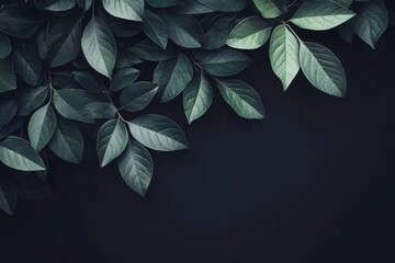 Dark green leaves with moody lighting forming natural botanical background