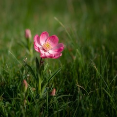 A photograph captures a pink flower in a green grass field, surrounded by a gentle breeze, creating a serene atmosphere.
