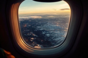 Fototapeta premium Window view from an airplane: breathtaking vista, expansive sky, winged perspective, distant landscape, cloudscape, horizon stretch, aerial sight, panoramic beauty, serene journey, open skies.