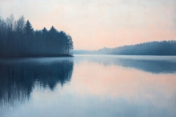 Fototapeta premium Tranquil lake landscape with trees reflecting in soft light
