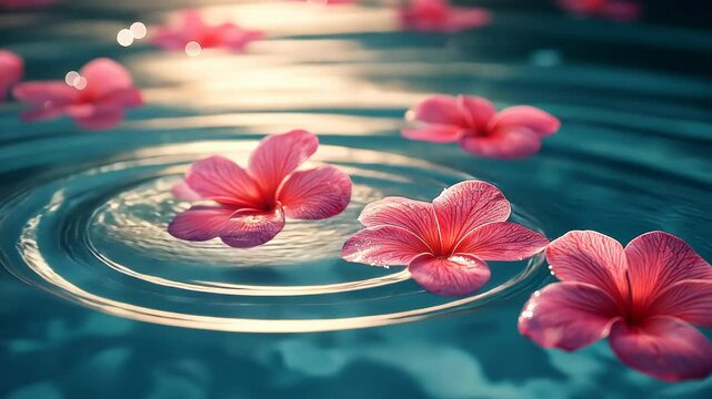 Explore serene summer vibes with floating pink flowers on shimmering water