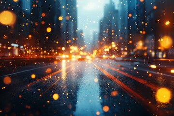 Night city street with blurred car lights and wet reflections on road