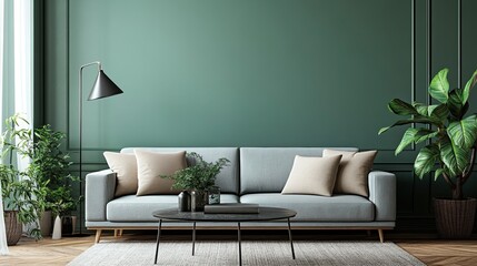 Living room with green wall, gray sofa, coffee table, dark lamp, beige pillow, and elegant accessories template. 