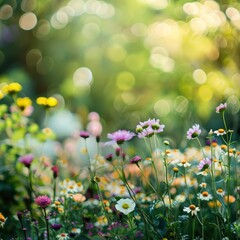 Vibrant Floral Landscape with Colorful Blossoms and Soft Bokeh Effects