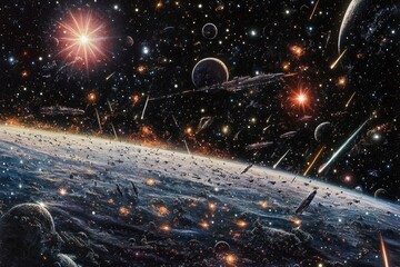 space battle over a habitable world, showcasing an extensive starfield, vivid nebulae and fleets of starships engaged in action