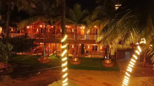 Aerial Shot Wooden Resort Glow with Balconies Decor in Goa