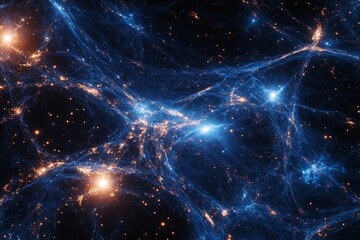 cosmic web connecting distant galaxies, illustrating the vastness of the universe with bluish arrays interconnecting each galaxy