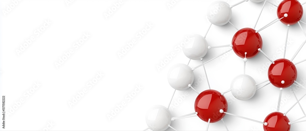 Poster a network of red and white spheres connected by lines, symbolizing relationships or interactions in 