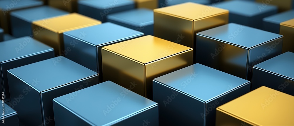 Poster a vibrant arrangement of blue and gold cubes, creating a visually striking geometric pattern with a 