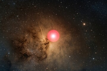 red dwarf star system, capturing a vibrant star with a backdrop of interstellar gas and dust