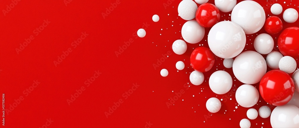 Poster a vibrant arrangement of red and white spheres set against a bold red background, creating a dynamic