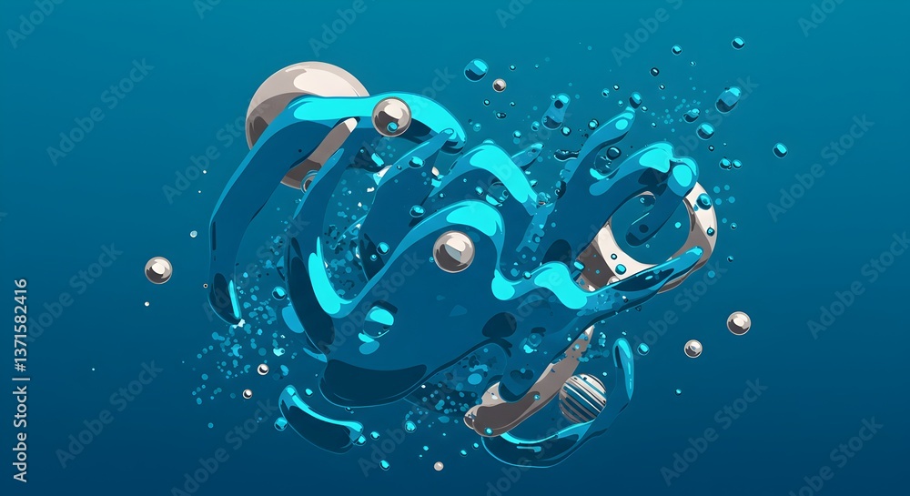 Poster mesmerizing abstract rendering showcasing flowing blue shapes and spheres