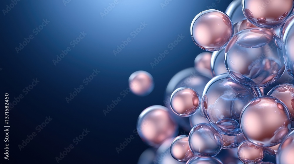 Poster a collection of translucent bubbles with a subtle pink tint, set against a dark blue background, cre