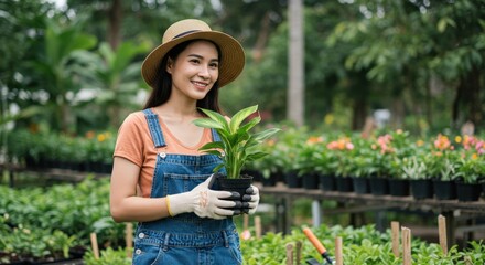 Young Adult Asian Female Gardener with Straw Hat Holding Potted Plant in Lush Green Nursery, Surrounded by Vibrant Flowers and Foliage