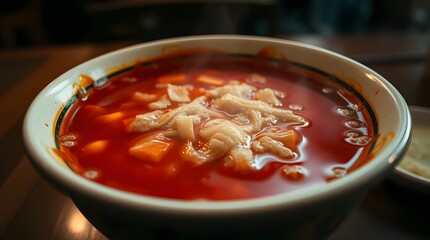Steaming bowl of red soup with dumplings on wooden table