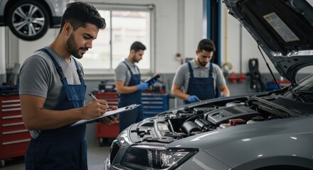 A young Hispanic male mechanic wearing gloves and work overalls meticulously inspects a vehicle in an auto repair shop, demonstrating attention to detail and technical skills in automotive maintenance