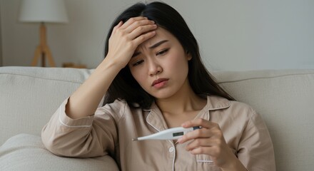 Concerned Asian Woman in Beige Pajamas Checking Temperature at Home While Experiencing Symptoms of Illness and Fatigue