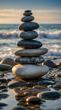A balanced stack of smooth stones on a pebbled beach, against the backdrop of a tranquil ocean and sunset, symbolizing harmony and serenity.