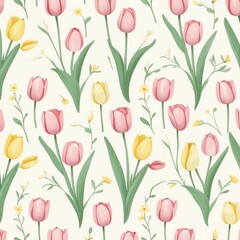 Obraz premium A beautiful floral pattern featuring vibrant tulips in shades of pink and yellow with delicate greenery, perfect for spring-themed designs.