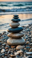 A carefully balanced stack of stones on a pebbly beach, with gentle waves lapping at the shore, captured during a tranquil sunset reflecting peace.