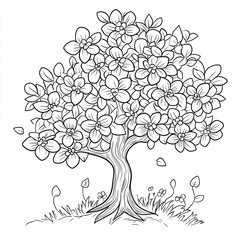 Spring tree coloring page for kids with blooming flowers and detailed leaves cartoon