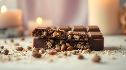 Broken chocolate bar with nuts on a table with candles