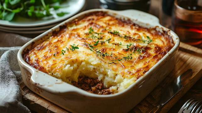Savory Hachis Parmentier in a Beige Dish Surrounded by Fresh Ingredients and Cutlery