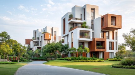 Modern apartment complex nestled in lush greenery.  Unique architectural design features